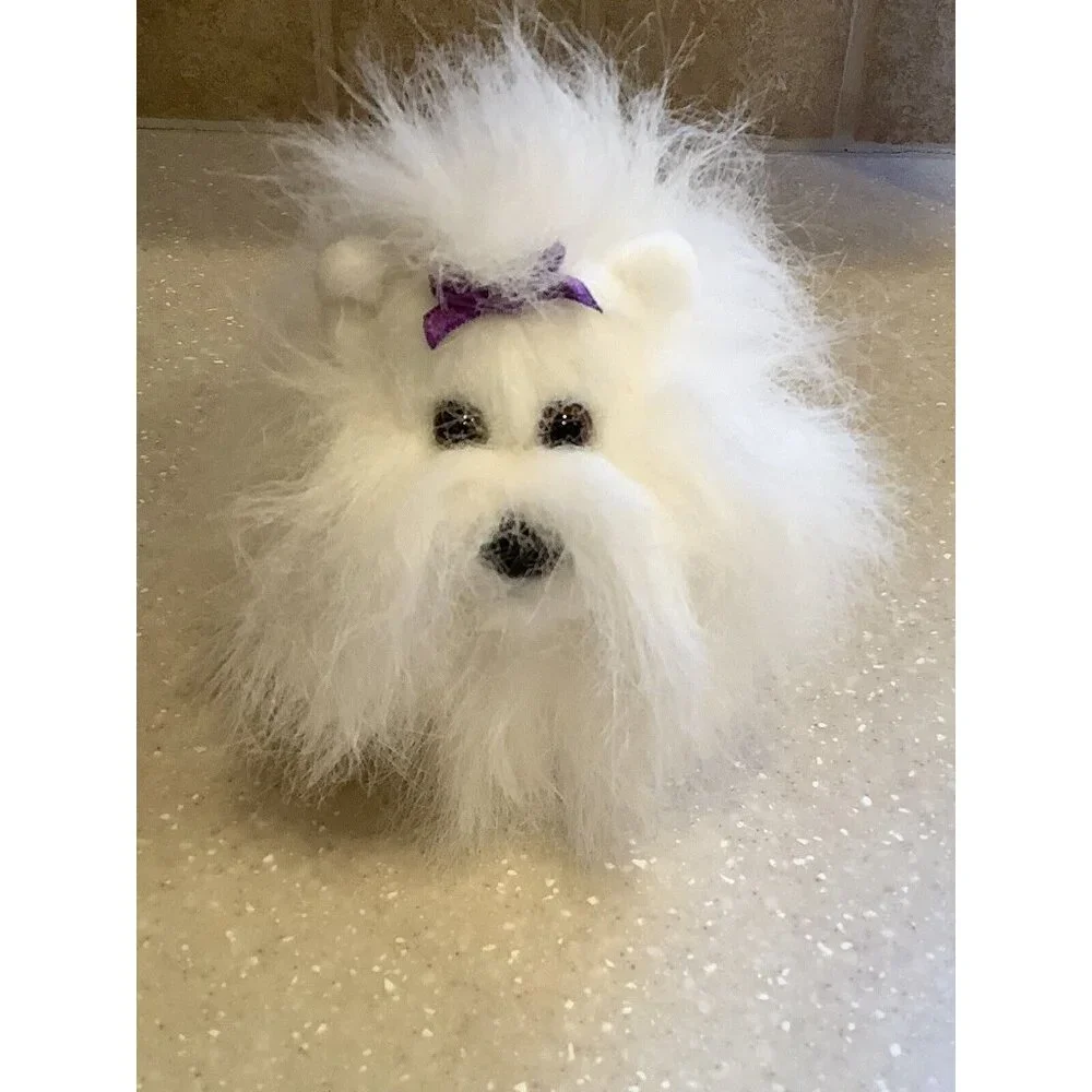 AURORA Plush White Long Haired Dog With Purple Bow Maltese Stuffed Animal Toy - Picture 1 of 9